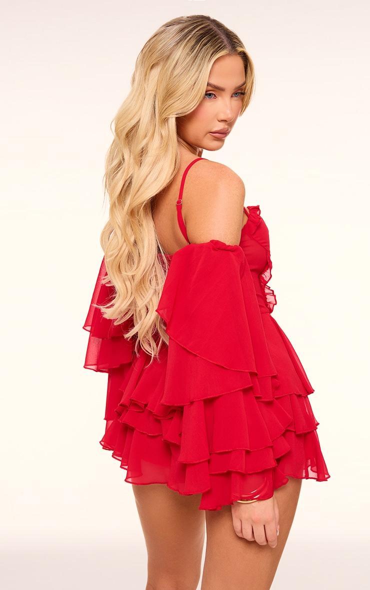 Red Ruffle Detail Chiffon Frilly Skort Romper Product Image