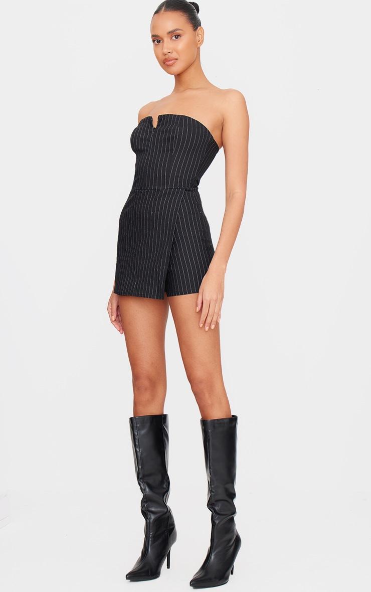 Black Pinstripe Woven Zip Front Skort Romper Product Image