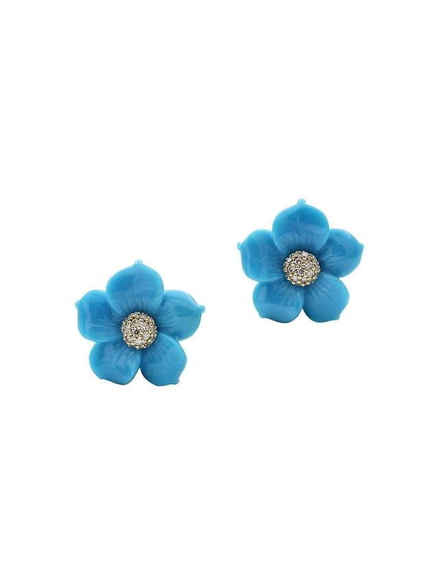 Womens Luxury 18K Gold, 0.40 TCW Diamond & Natural Blue American Turquoise Flower Earrings Product Image