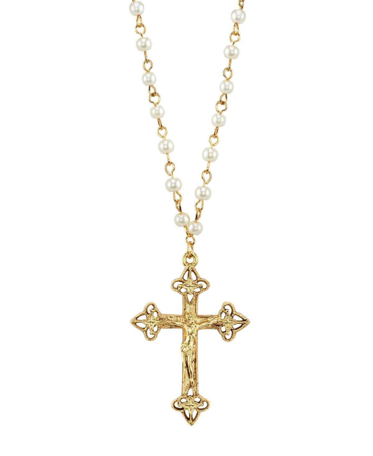 1928 14k Gold-Plated Simulated Pearl Crucifix Pendant Necklace, Womens Product Image