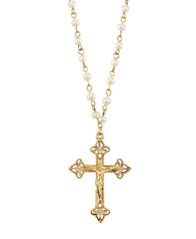 1928 14k Gold-Plated Simulated Pearl Crucifix Pendant Necklace, Womens Yellow Product Image