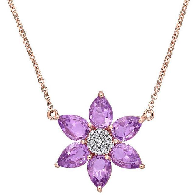 Stella Grace 10k Rose Gold Amethyst & 1/10 Carat T.W. Diamond Flower Pendant Necklace, Womens Purple Product Image