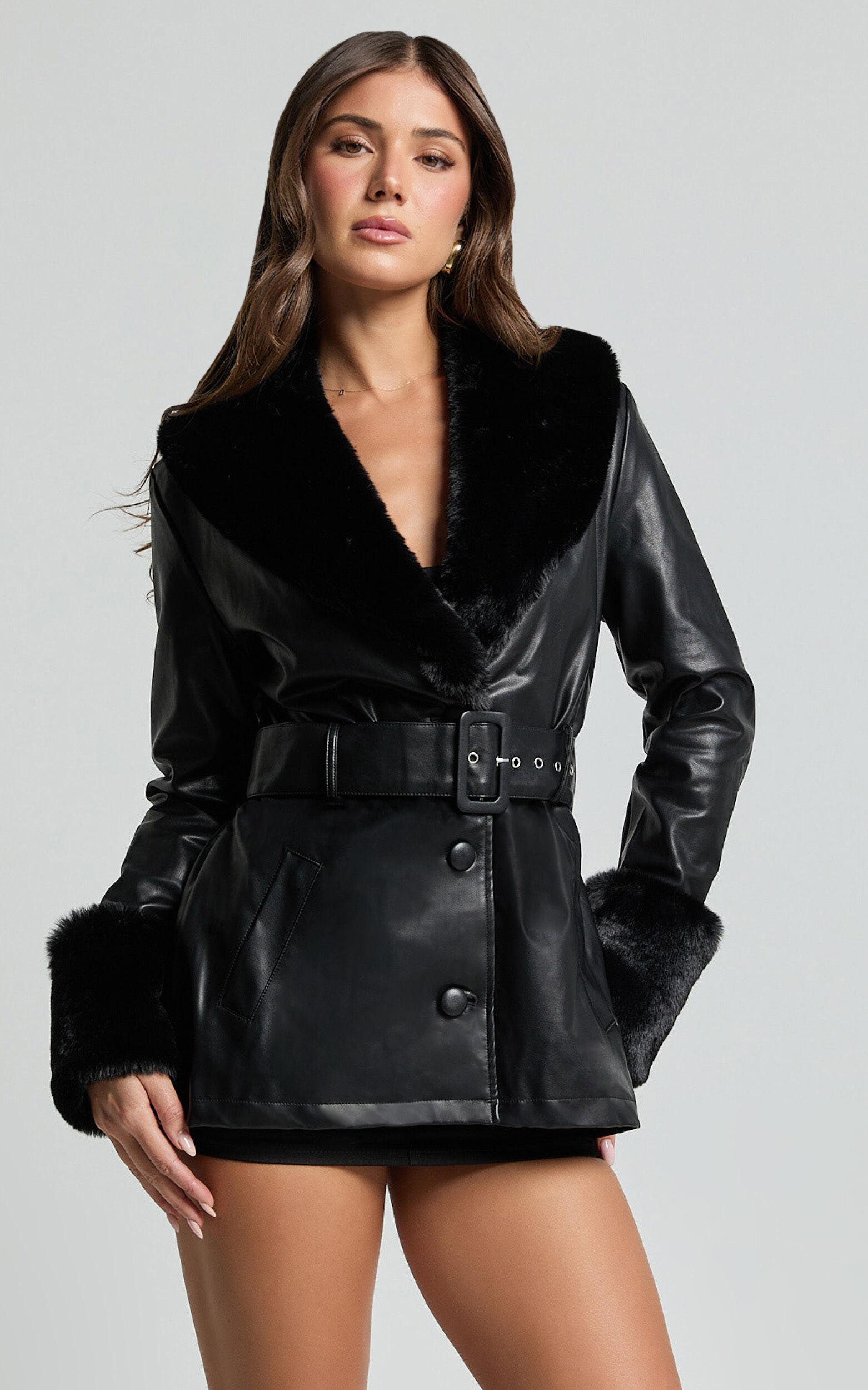 Lioness - Brooklyn Short PU With Fur Trim Coat in Onyx Product Image