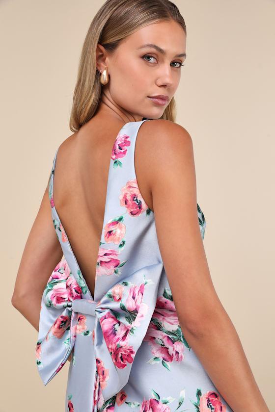 Exceedingly Darling Blue Floral Plunge Back Bow Shift Mini Dress Product Image