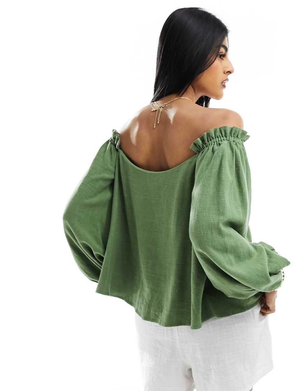 ASOS DESIGN linen look off shoulder pleated top in khaki Product Image