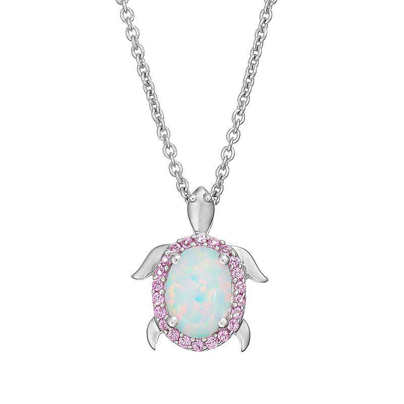 Lab-Created Opal & Lab-Created Pink Sapphire Sterling Silver Turtle Pendant Necklace, Womens, White Product Image