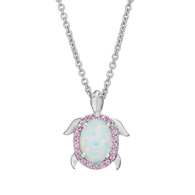 Lab-Created Opal & Lab-Created Pink Sapphire Sterling Silver Turtle Pendant Necklace, Womens, White Product Image