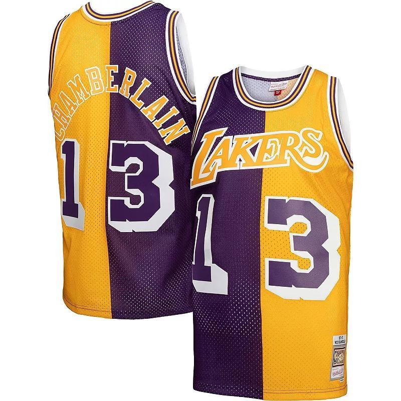 Mens Mitchell & Ness Wilt Chamberlain /Gold Los Angeles Lakers Hardwood Classics 1971-72 Split Swingman Jersey Product Image