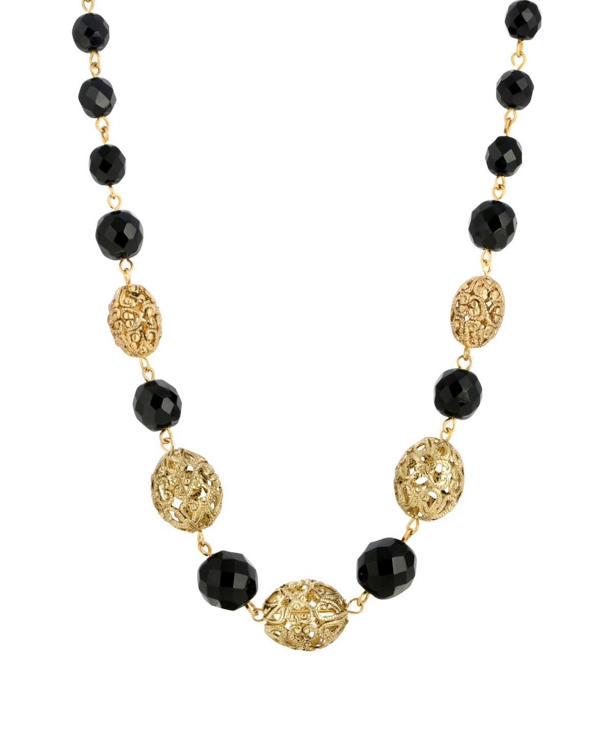 1928 Gold Tone Filigree Bead and Black Beaded Necklace, Womens product image