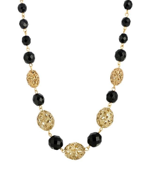 1928 Gold Tone Filigree Bead and Black Beaded Necklace, Womens Product Image