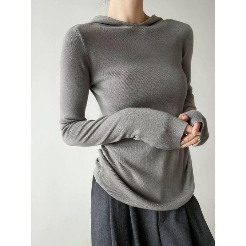 Long-Sleeve Plain Asymmetrical Hooded Knit Top Product Image