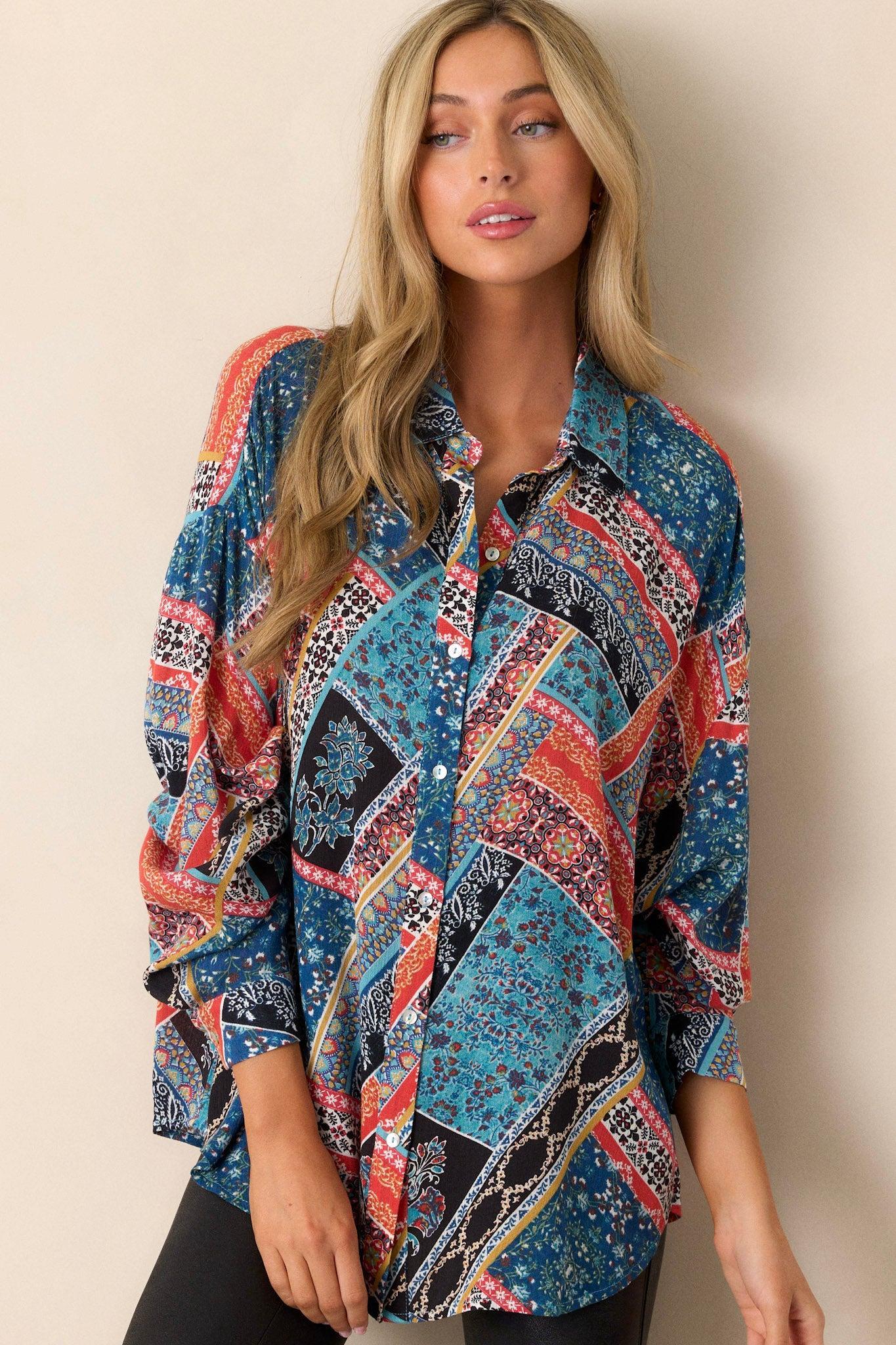 Brave New World Blue Patchwork Print Top Product Image