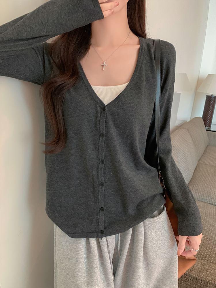 V-Neck Plain Button-Up Cardigan Product Image