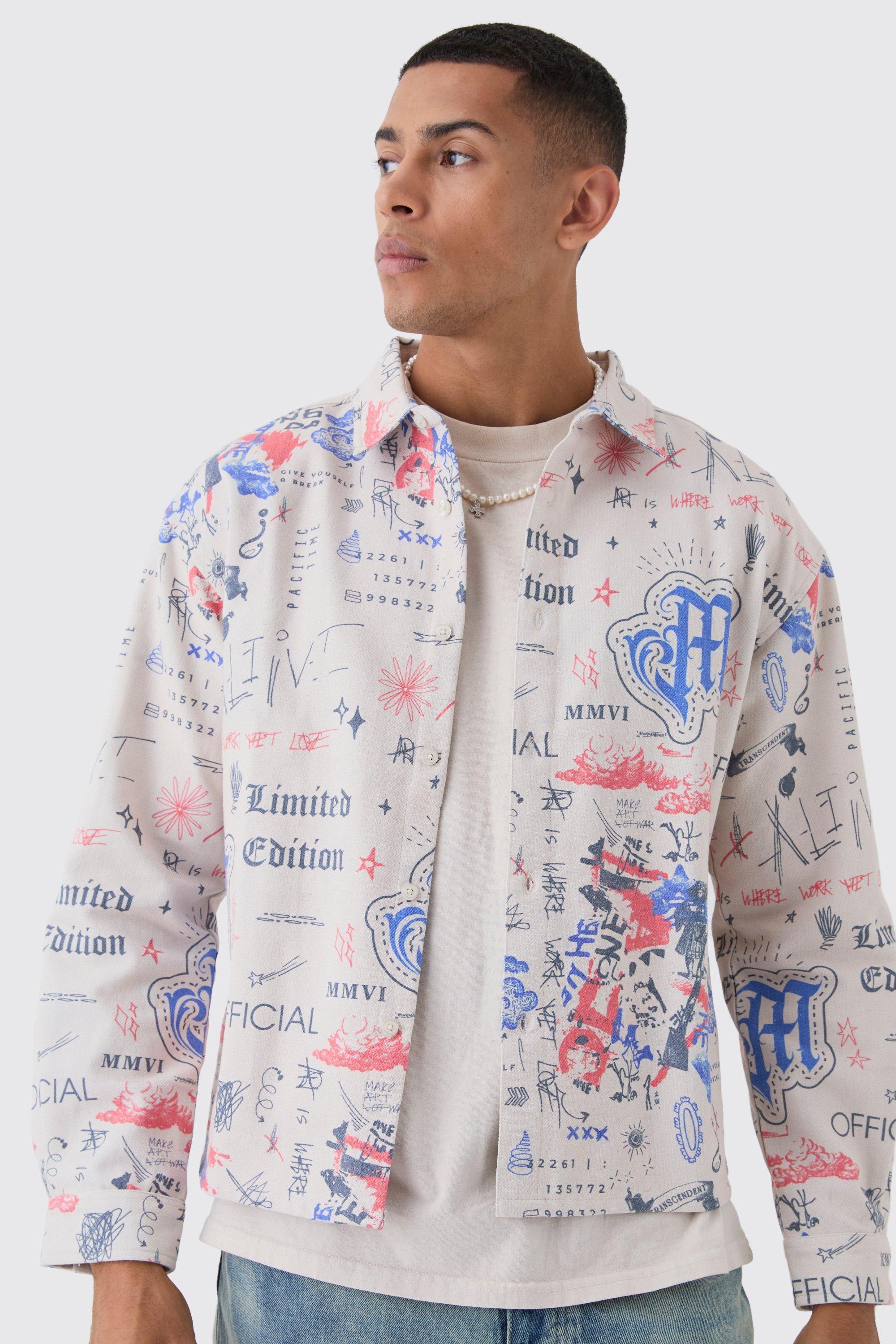 Oversized Graffiti Print Overshirt | boohooMAN USA Product Image