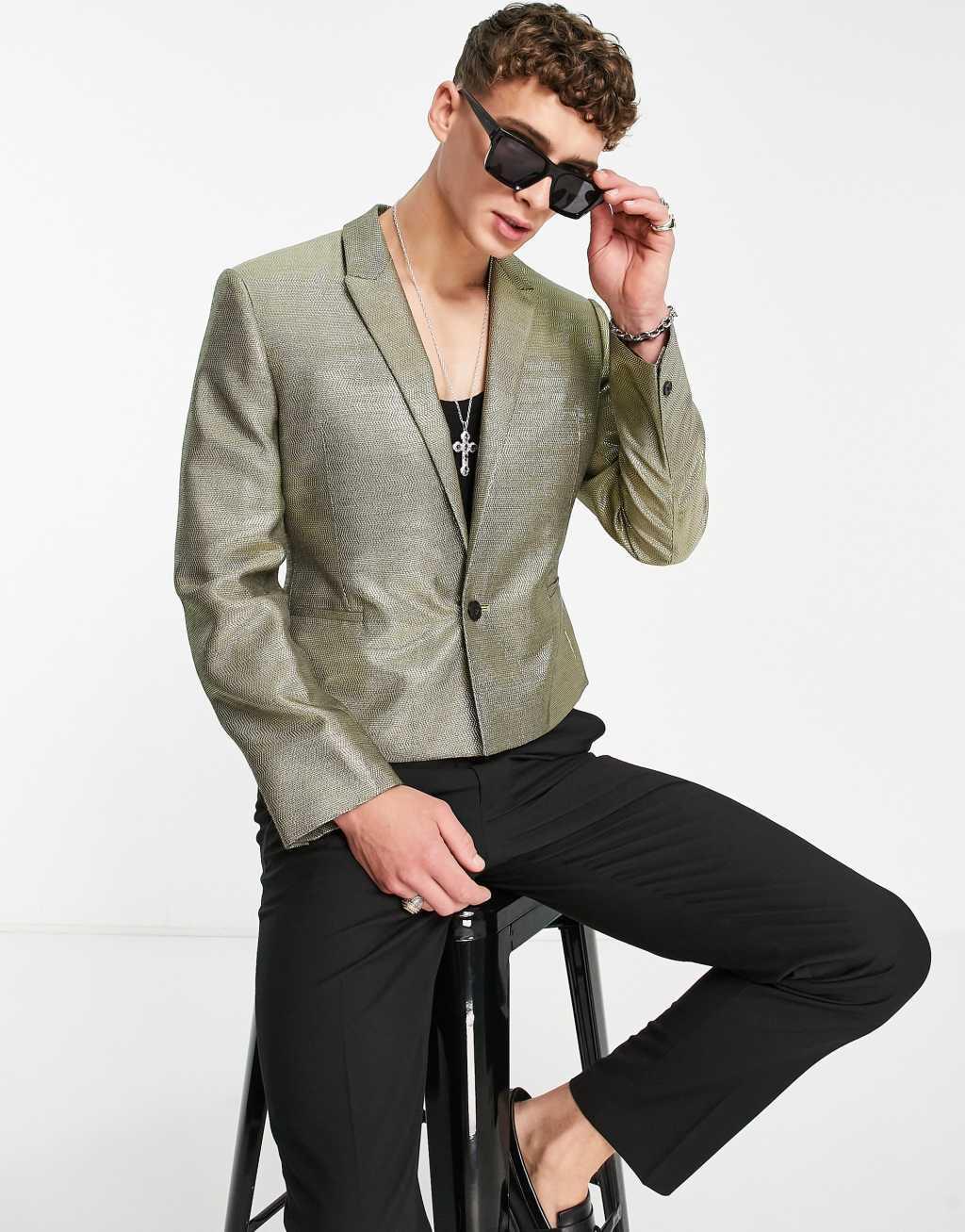 ASOS DESIGN cropped blazer in gold shimmer  Product Image