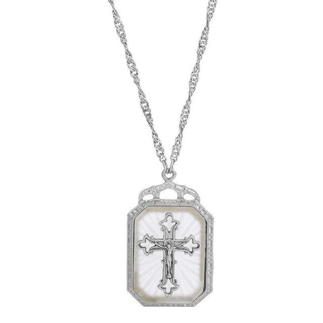 Symbols of Faith Silver-Tone Crystal Cross Large Pendant Necklace, Womens, White Product Image