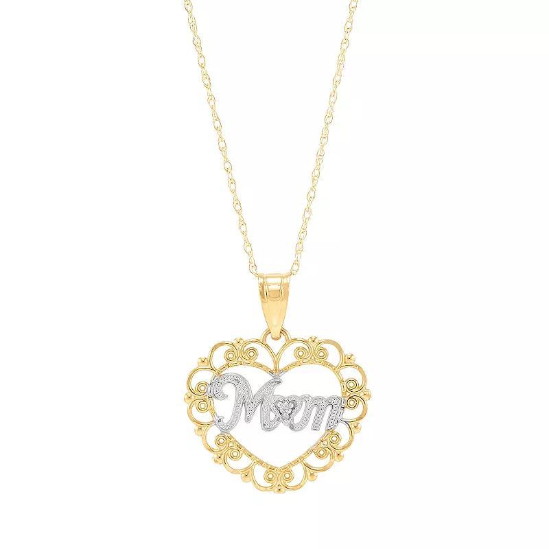 Two-Tone 10k Gold Diamond Accent Filigree Heart Mom Pendant Necklace, Womens Product Image