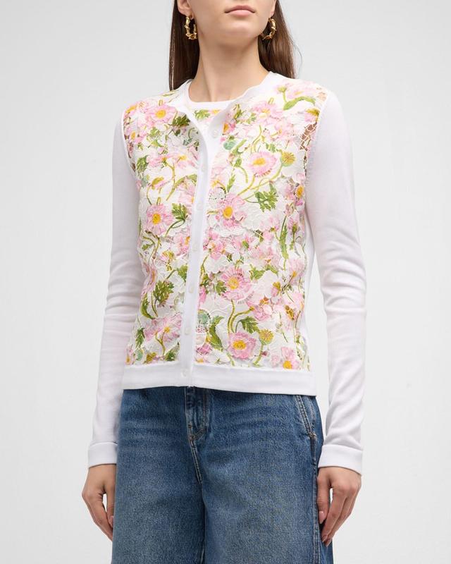 Oscar de la Renta Mixed Botanical Print Lace Front Cardigan Product Image