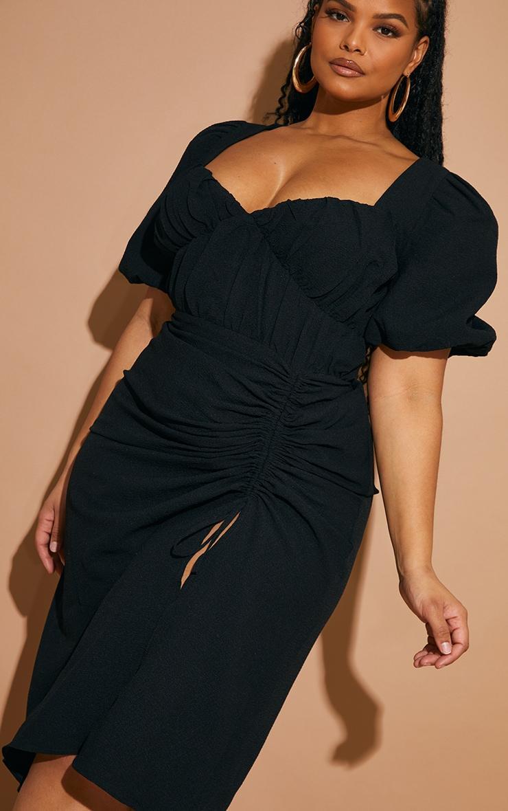 Plus Black Puff Sleeve Ruched Side Split Midi Dress Product Image