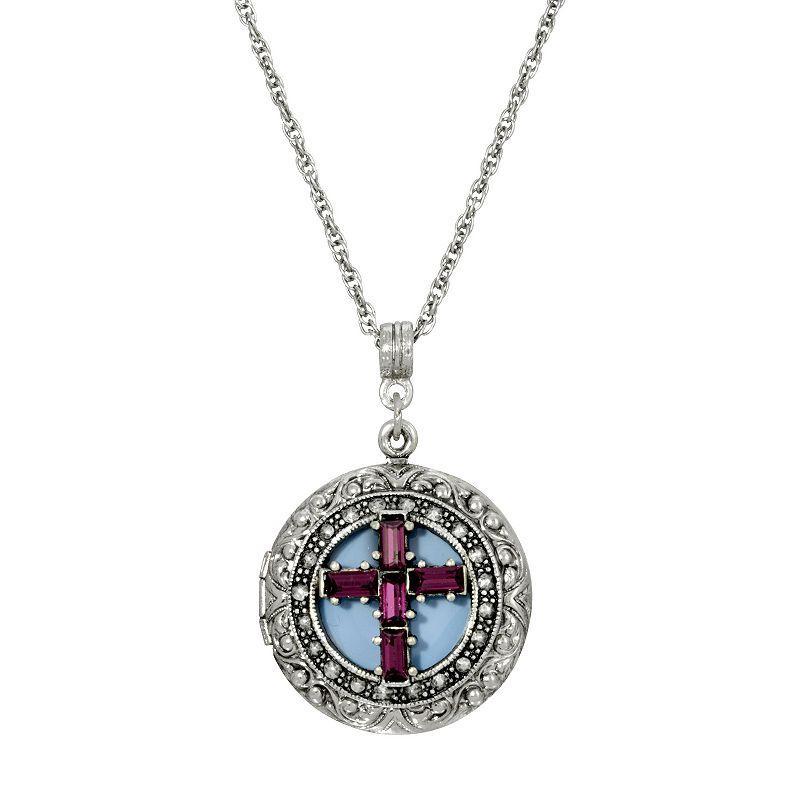 1928 Purple Crystal Cross Locket Necklace, Womens, Blue Product Image