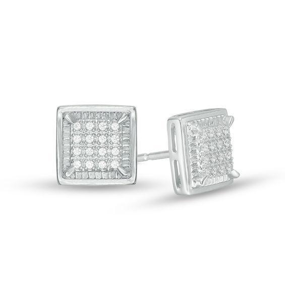 Men's 1/10 CT. T.w. Square-Shaped Multi-Diamond Textured Frame Stud Earrings in Sterling Silver Product Image