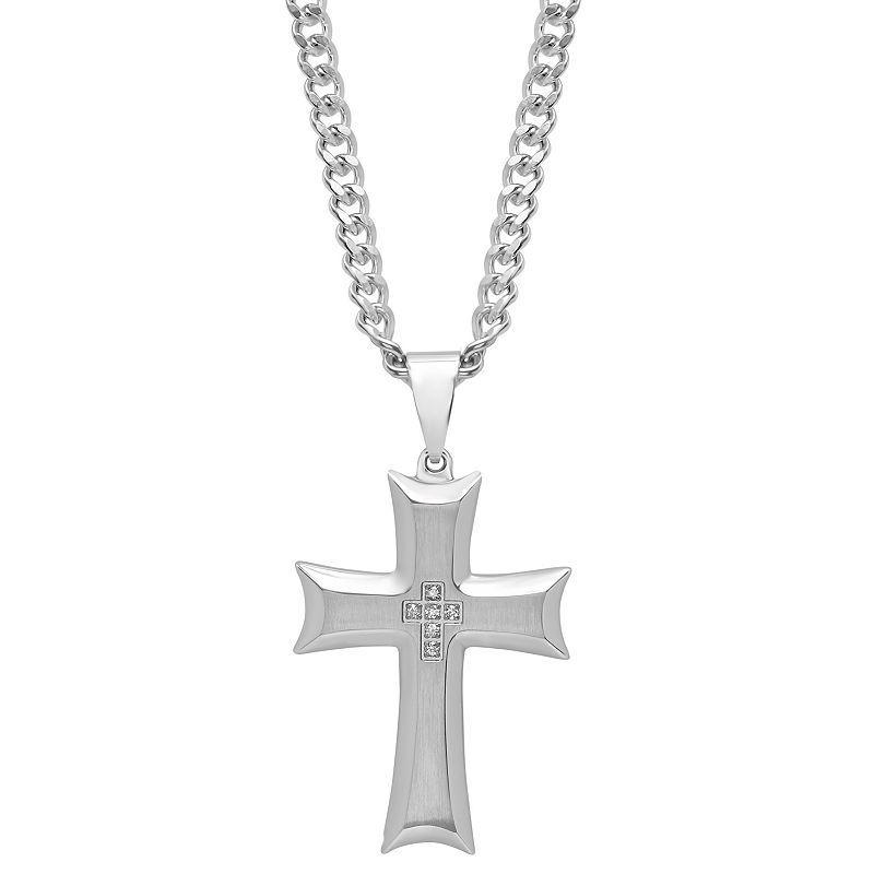 Mens Diamond Accent Stainless Steel Cross Pendant Necklace White Product Image