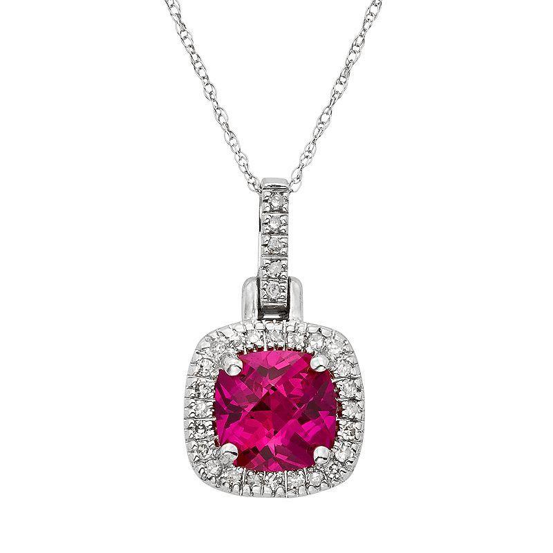 Lab-Created Ruby & 1/8 Carat T.W. Diamond 10k White Gold Halo Pendant Necklace, Womens Red Product Image