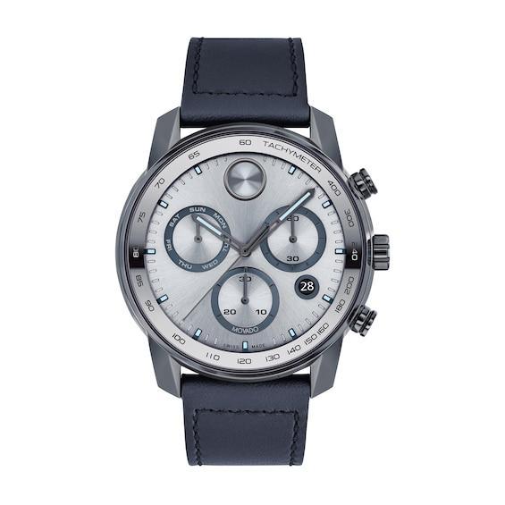 Men's Movado BoldÂ® Verso Gunmetal Grey IP Chronograph Blue Leather Strap Watch with Grey Dial (Model: 3600909) Product Image