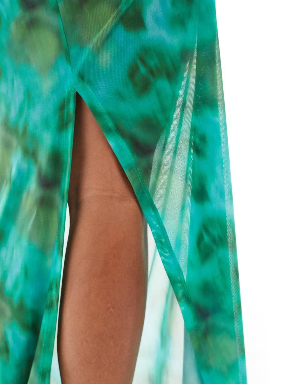 South Beach abstract print mesh maxi beach skirt in green Product Image