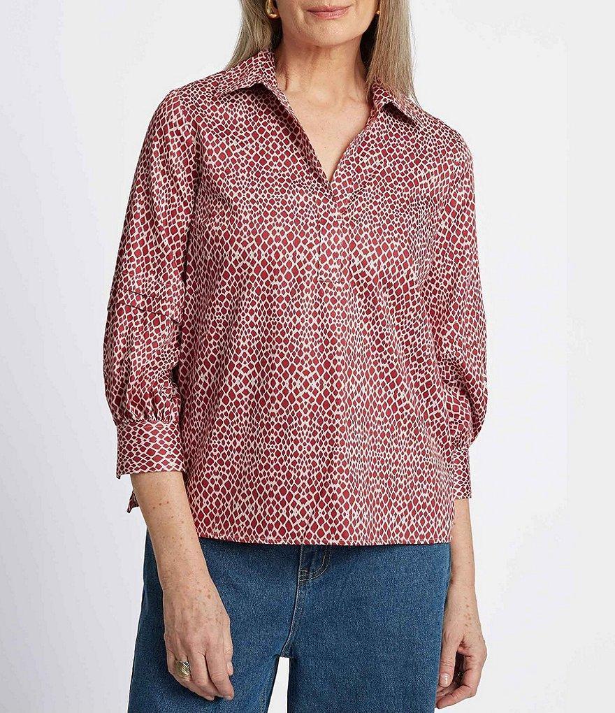 Foxcroft Frankie Abstract Snakeskin Collared Neckline 3/4 Sleeve Blouse Product Image