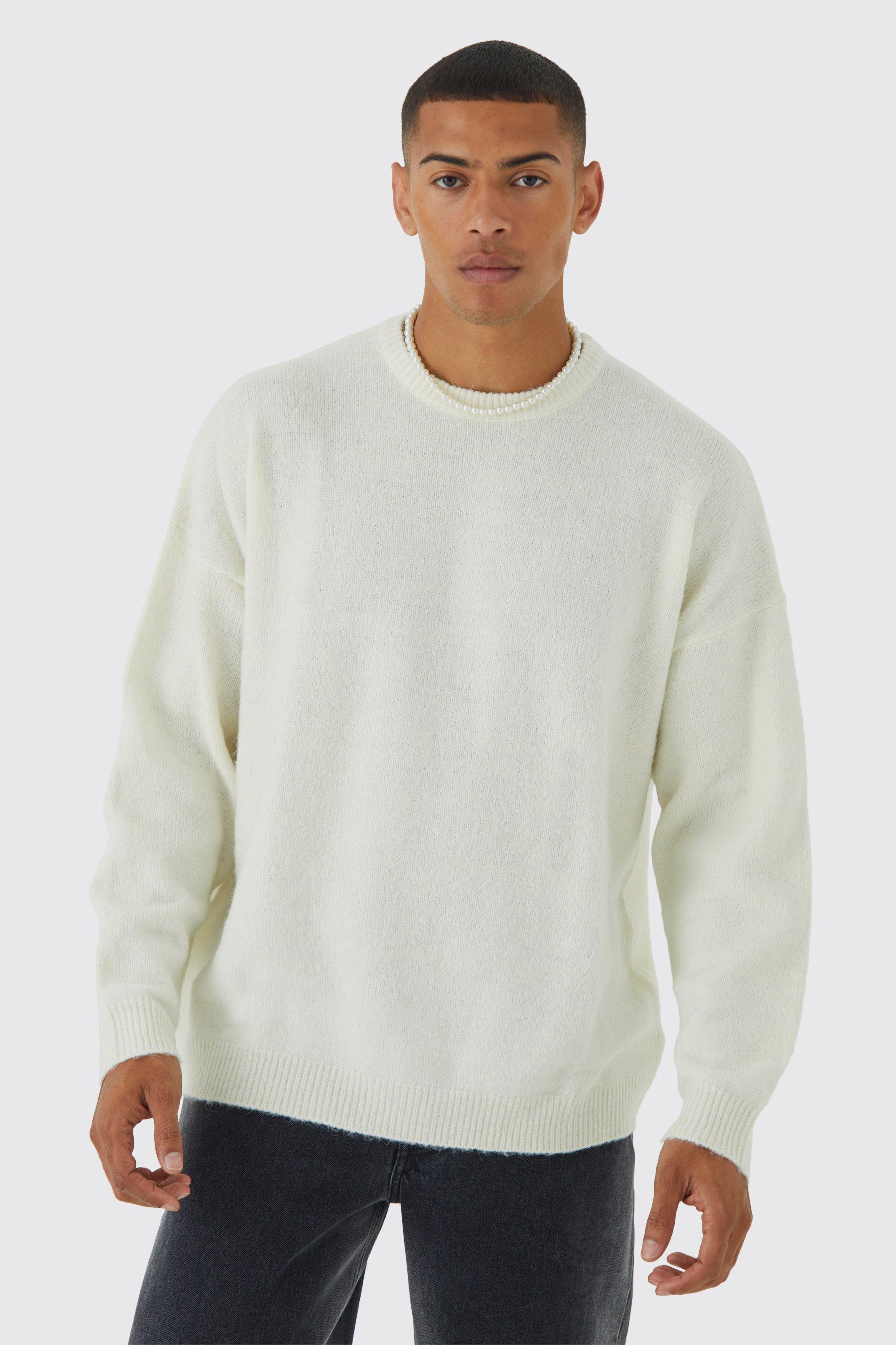 Mens White Oversized Brushed Yarn Crew Neck Jumper, White Product Image