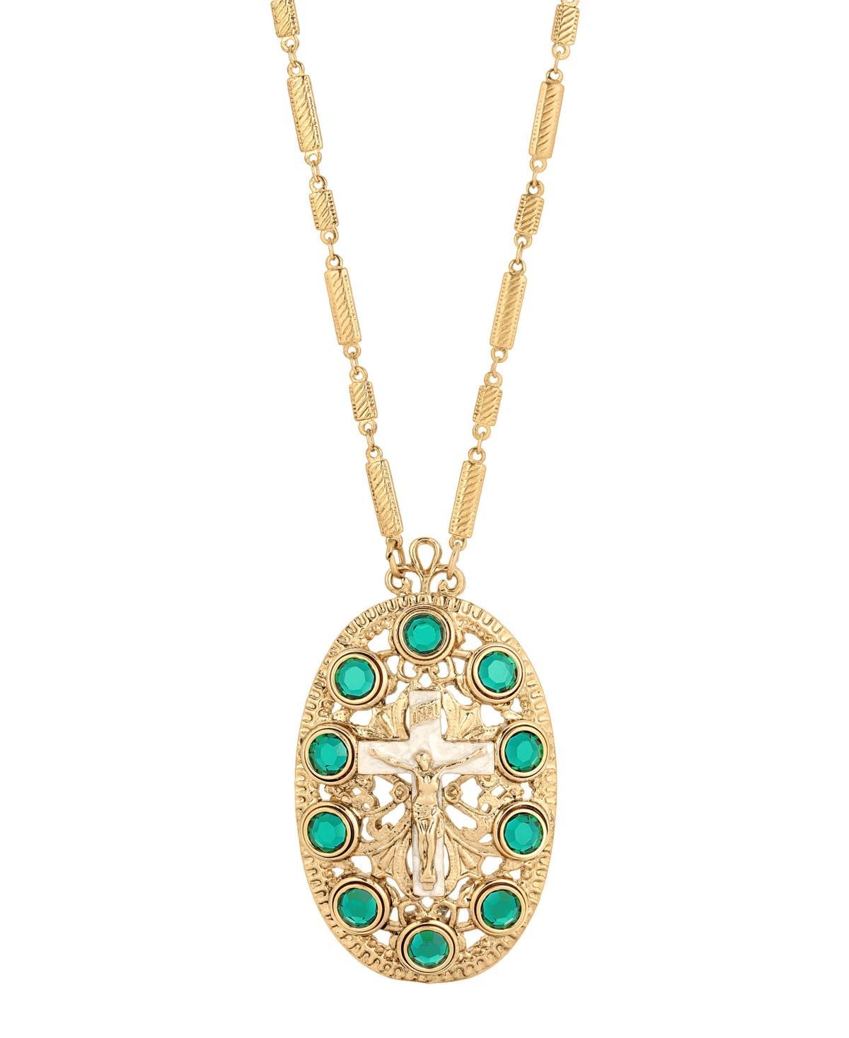 1928 Gold Tone Oval Cross Crystal Accent Necklace, Womens Green Product Image