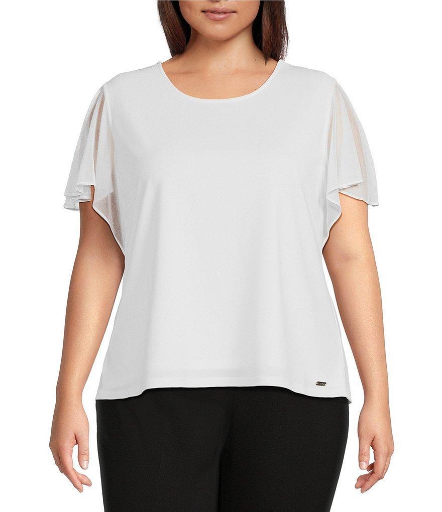 Calvin Klein Plus Size Knit Round Neck Mesh Ruffle Short Sleeve Top Product Image