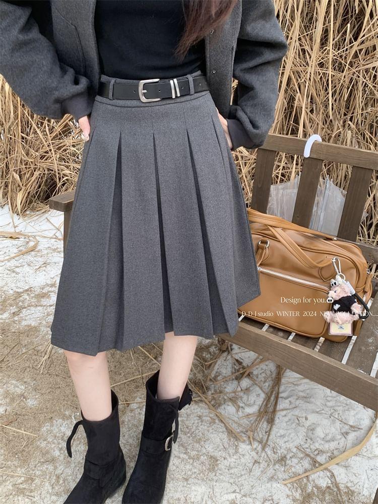 High Waist Plain Pleated A-Line Skirt Product Image