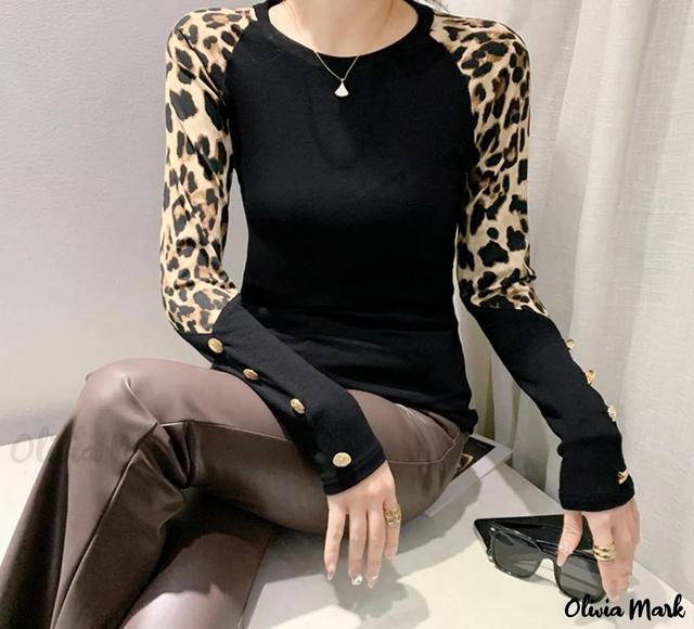 Olivia Mark – Cheetah Print Decor Long Sleeve Top Product Image