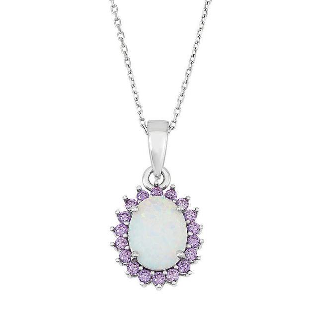 Sterling Silver Lab-Created Opal & Cubic Zirconia Oval Halo Pendant, Womens Multicolor Product Image