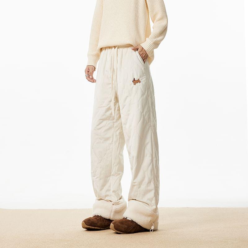 Drawstring Waist Plain Quilted Fleece-Lined Loose Fit Pants Product Image