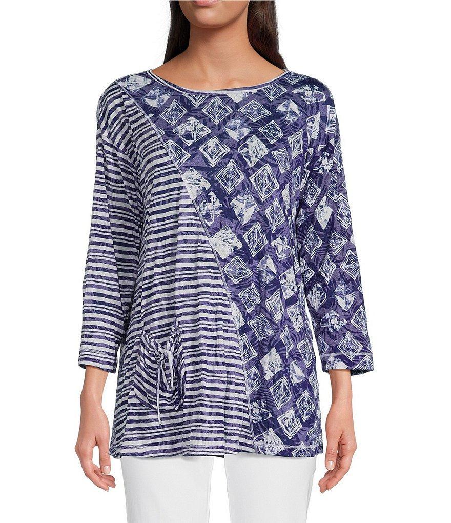 Ali Miles Printed Burnout Crinkle Knit Crew Neck 3/4 Sleeve Tunic Product Image