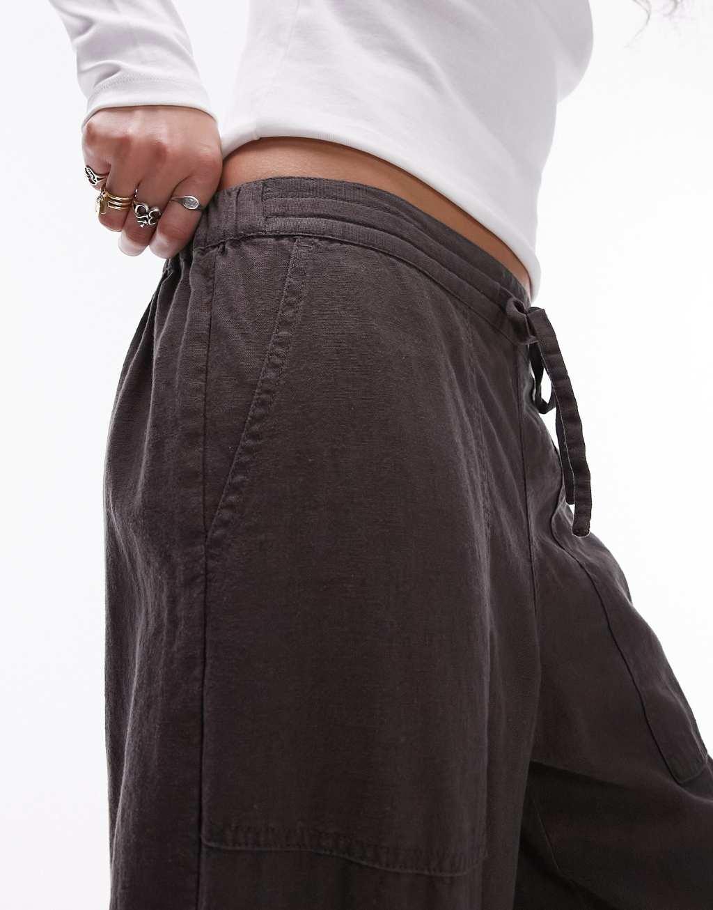 Topshop linen low rise draw cord waist straight leg pants in charcoal Product Image