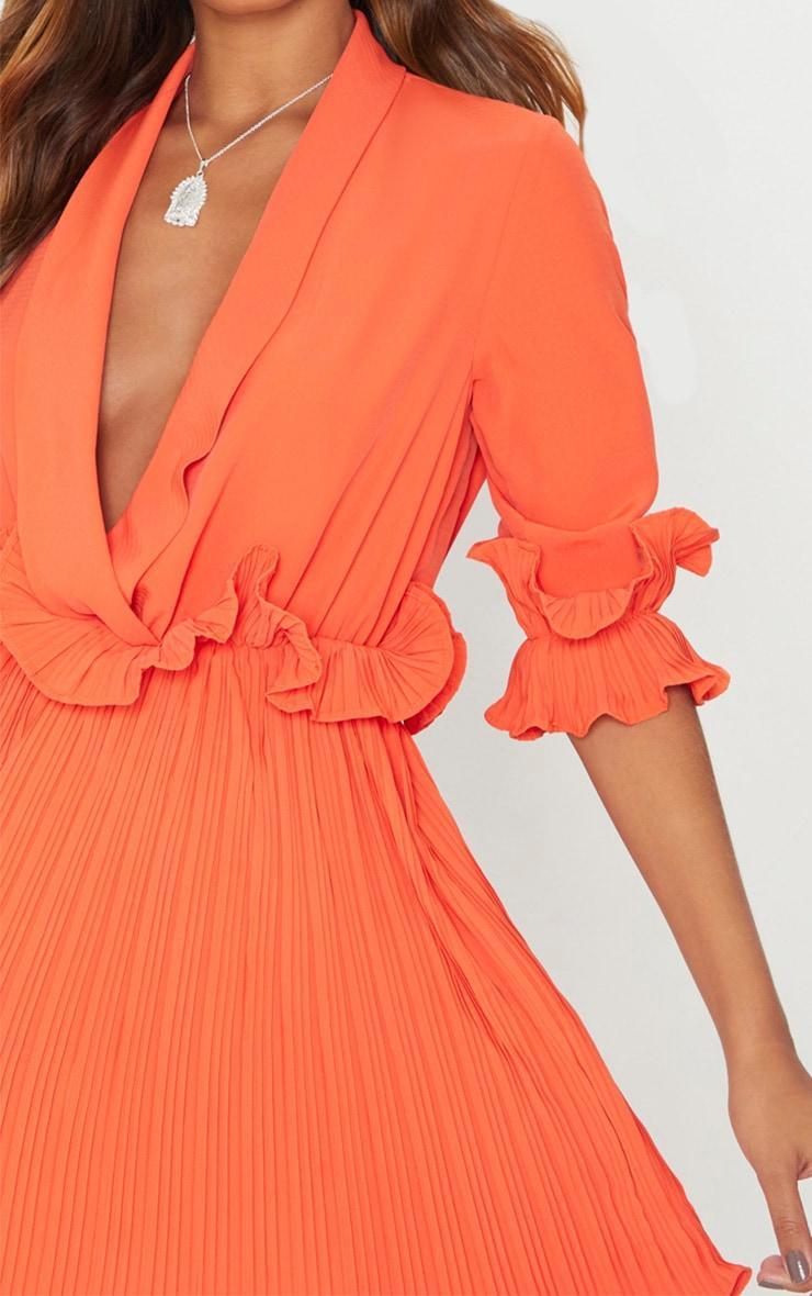 Bright Orange Frill Detail Pleated Skater Dress Product Image