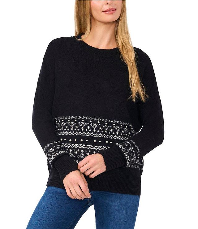 CeCe Fair Isle Jersey Knit Crew Neck Dropped Long Sleeve Pullover Sweater Product Image