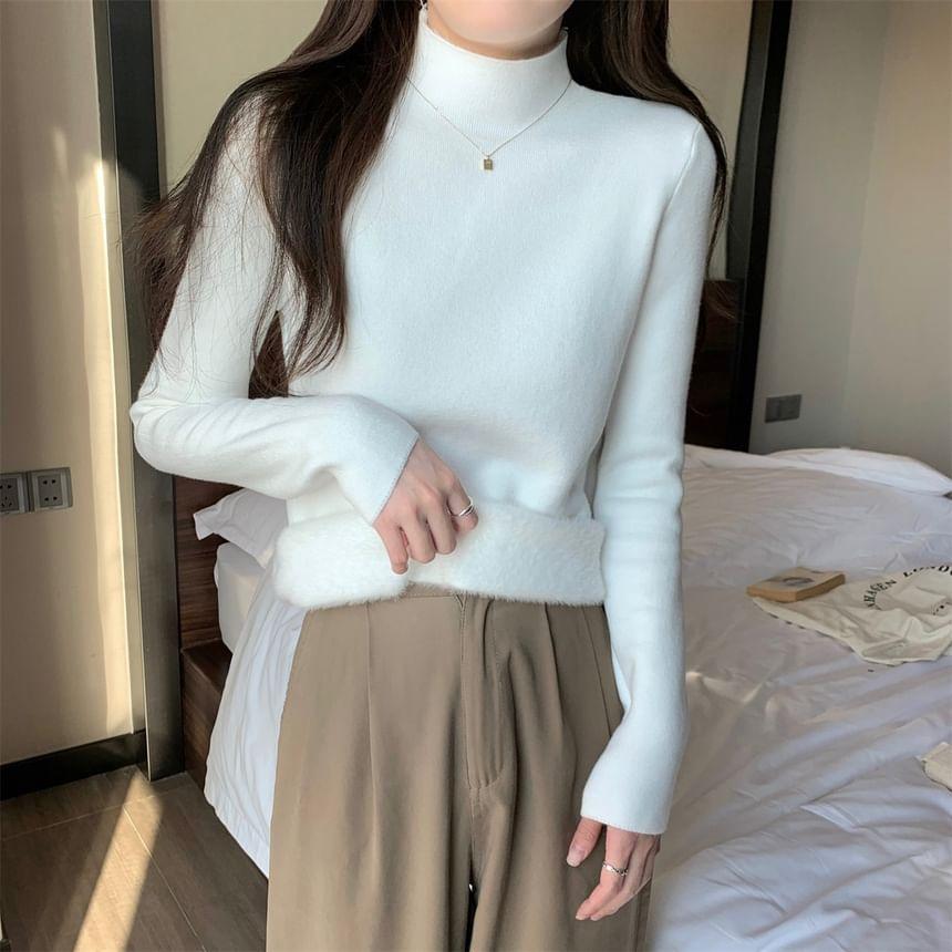 Long Sleeve Turtleneck Plain Fleece Lined Knit Top Product Image