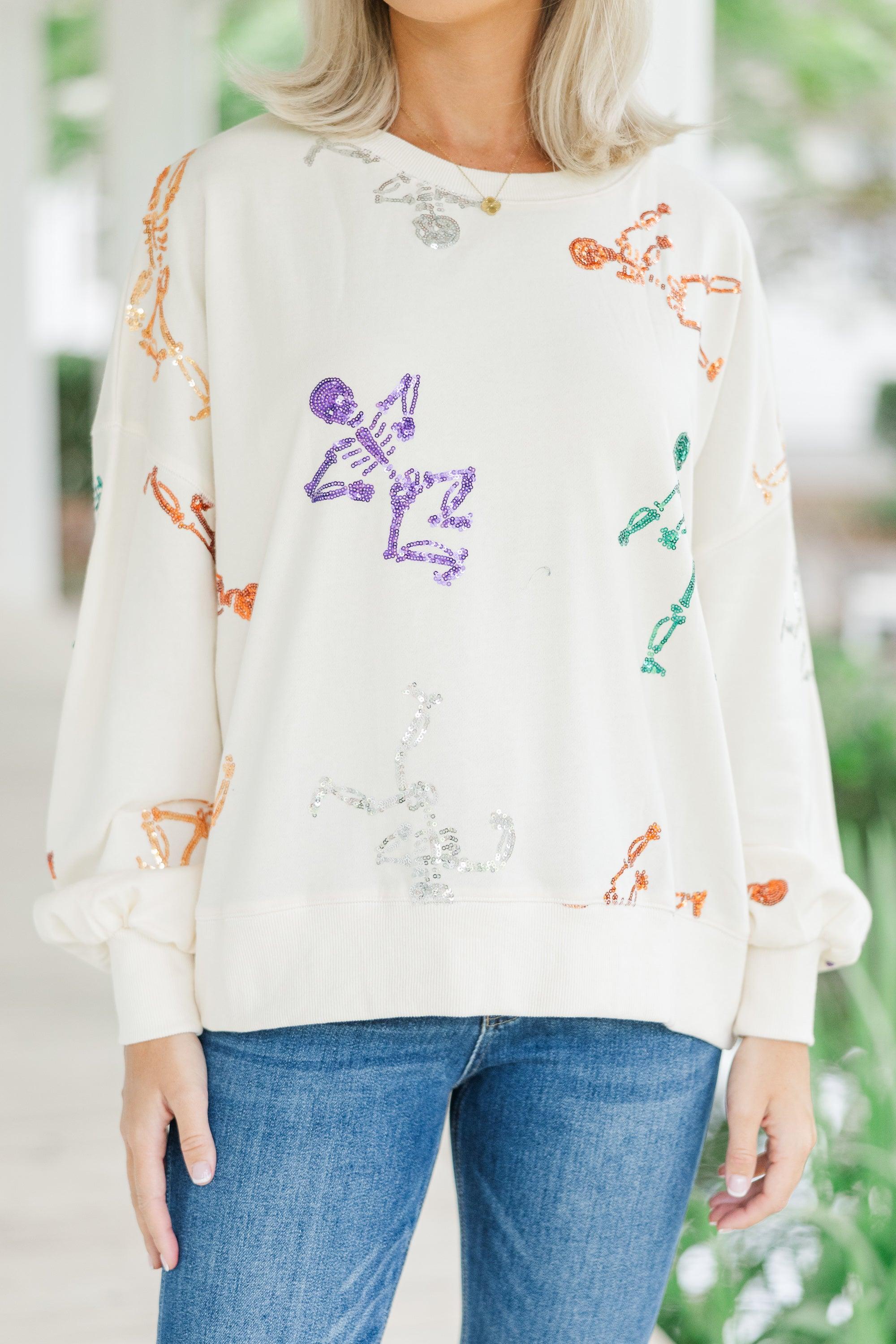 Skeleton Dance Cream White Sequin Pullover Female Product Image