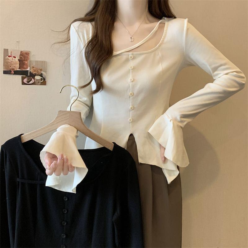 Flared-Sleeve Plain Asymmetrical Tee Product Image