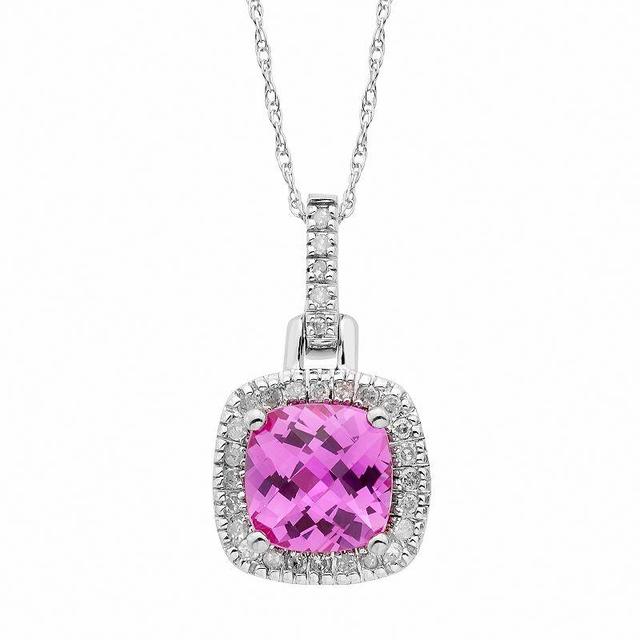 Lab-Created Pink Sapphire & 1/8 Carat T.W. Diamond 10k Gold Halo Pendant Necklace, Womens Product Image