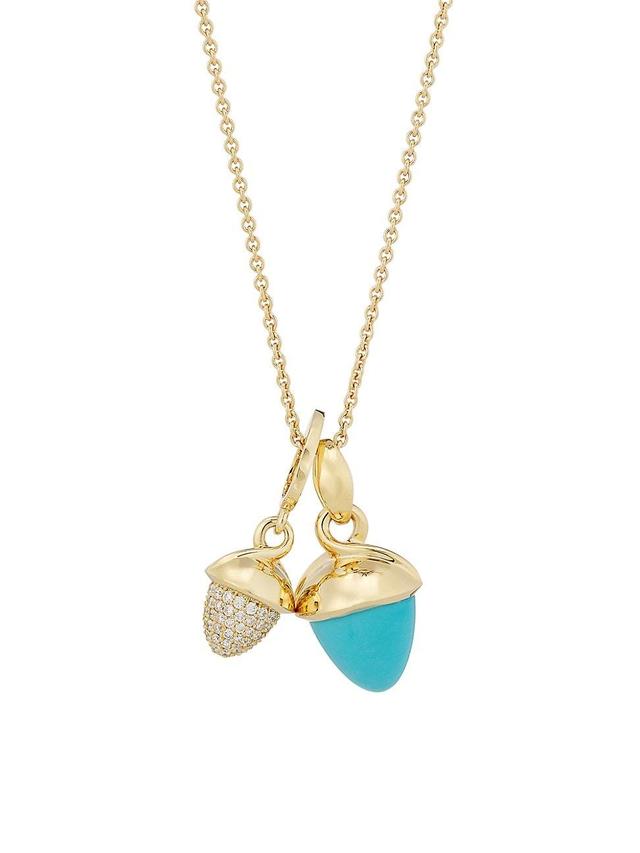 Womens Mikado 18K Yellow Gold, Turquoise & Pav Diamond Acorn Pendant Necklace Product Image