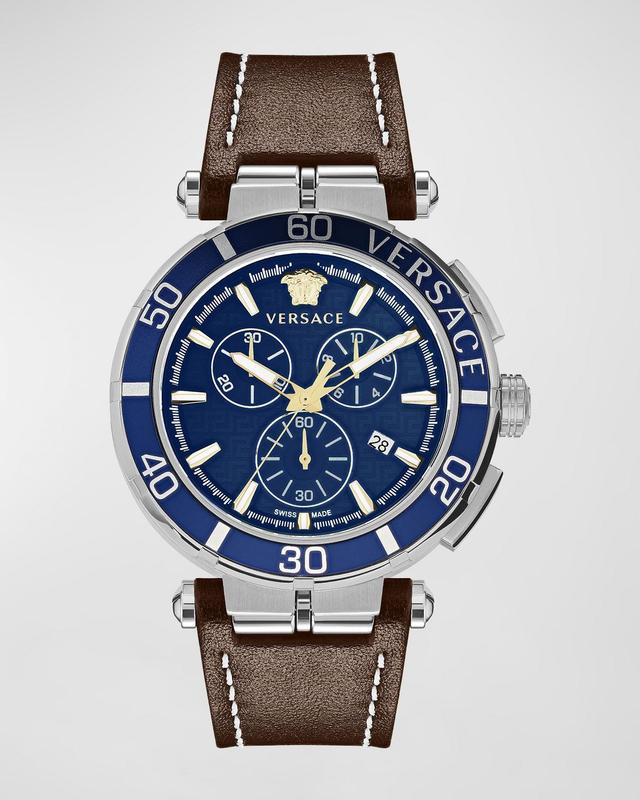 Versace Mens Swiss Chronograph Greca Brown Leather Strap Watch 45mm Product Image