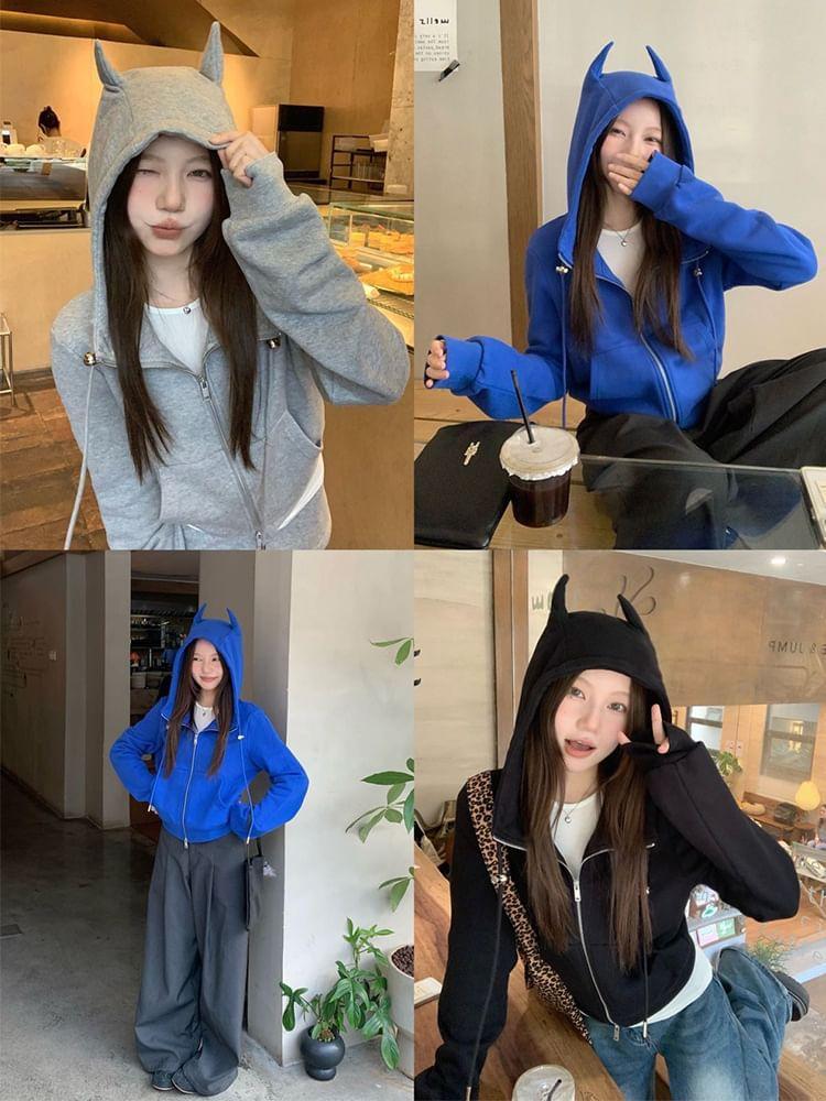 Devil Horn Accent Drawstring Zip Hoodie Product Image