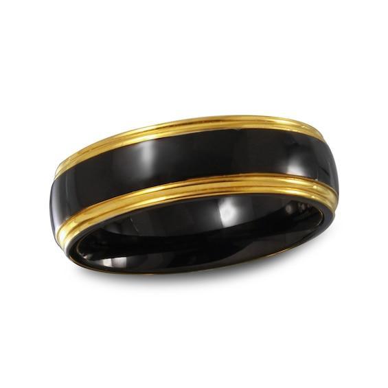 Men's 7.0mm Black Enamel Wedding Band in Gold IP Stainless Steel Product Image