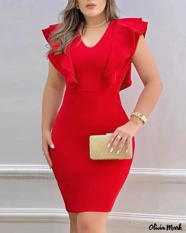 Olivia Mark – Ruffle Hem V-Neck Bodycon Dress Product Image